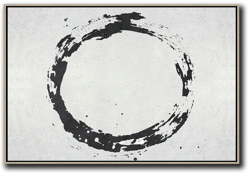 Acrylic Painting Large Wall Art,Oversized Horizontal Minimalist Circle Art On Canvas, Black And White Minimalist Painting - Canvas Wall Art